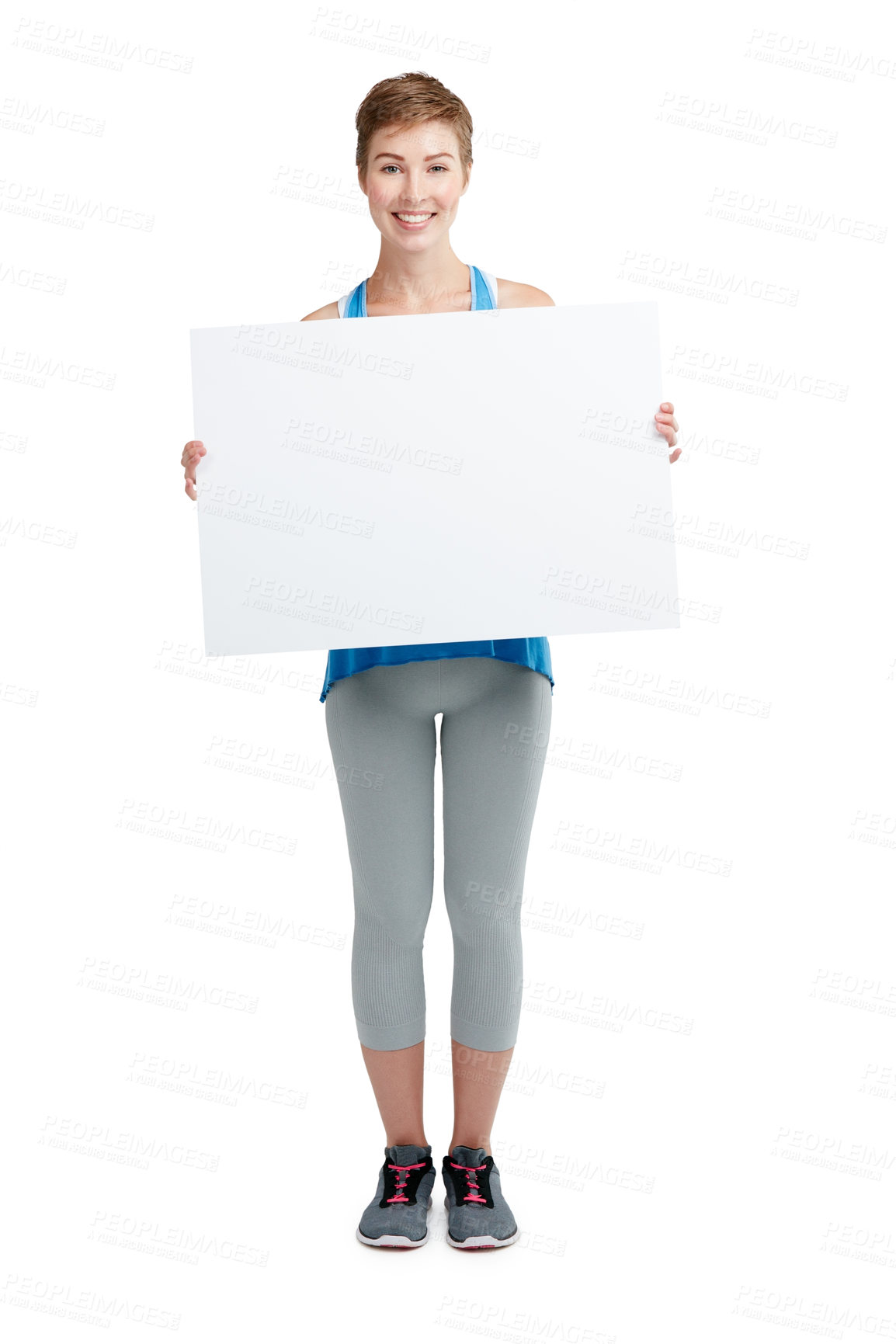 Buy stock photo Announcement, news and portrait of a woman with a board isolated on a white background in studio. Billboard, branding and girl holding a blank mockup banner with space for advertising on a backdrop