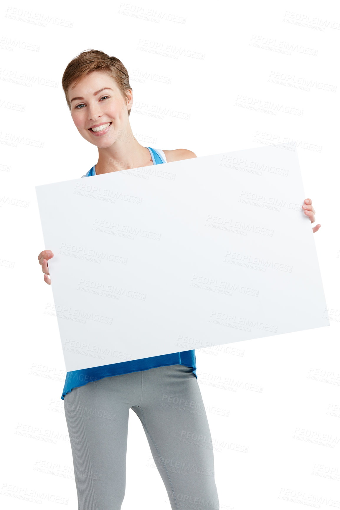 Buy stock photo Excited, showing and portrait of a woman with a board isolated on a white background in studio. Billboard, branding and girl holding a blank mockup banner with space for advertising on a backdrop
