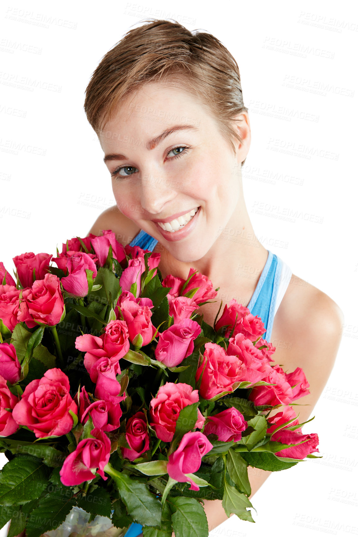 Buy stock photo Woman, happy and rose bouquet in portrait, Valentines day gift and love, nature zoom isolated on white background. Face, beauty and smile, romance and celebrate holiday or anniversary in studio