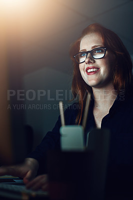 Buy stock photo Business woman, smile and computer at night typing email in communication at work for project deadline at office. Vertical of female employee working late in the evening on desktop PC or technology
