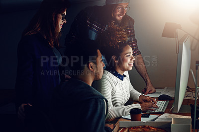 Buy stock photo Computer, diversity collaboration and night people programming ERP software, cybersecurity system or code. Information technology, developer and programmer teamwork on coding cloud computing database