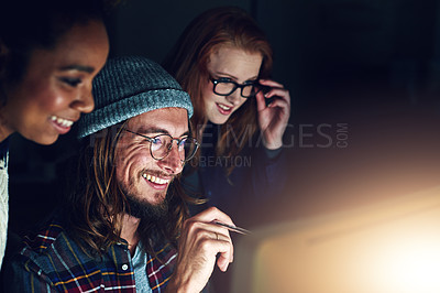 Buy stock photo Startup, office computer or team reading web design code, cloud computing software or app UI system. Website SEO, media analytics dashboard or face of people teamwork on UX interface with night flare