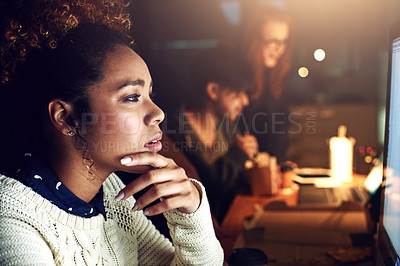 Buy stock photo Web designer, black woman is thinking and reading with computer screen, night shift and focus with deadline. Content research, serious female and working late at digital marketing startup in Chicago