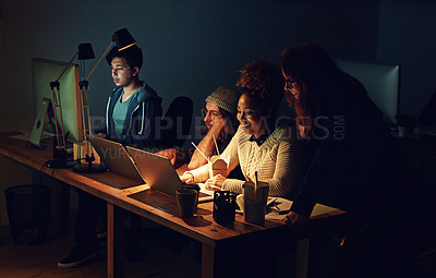 Buy stock photo Coworking office, computer reading and team review web design, cloud computing software or app UI system. Website SEO teamwork, media analytics dashboard and face of night people work on UX interface
