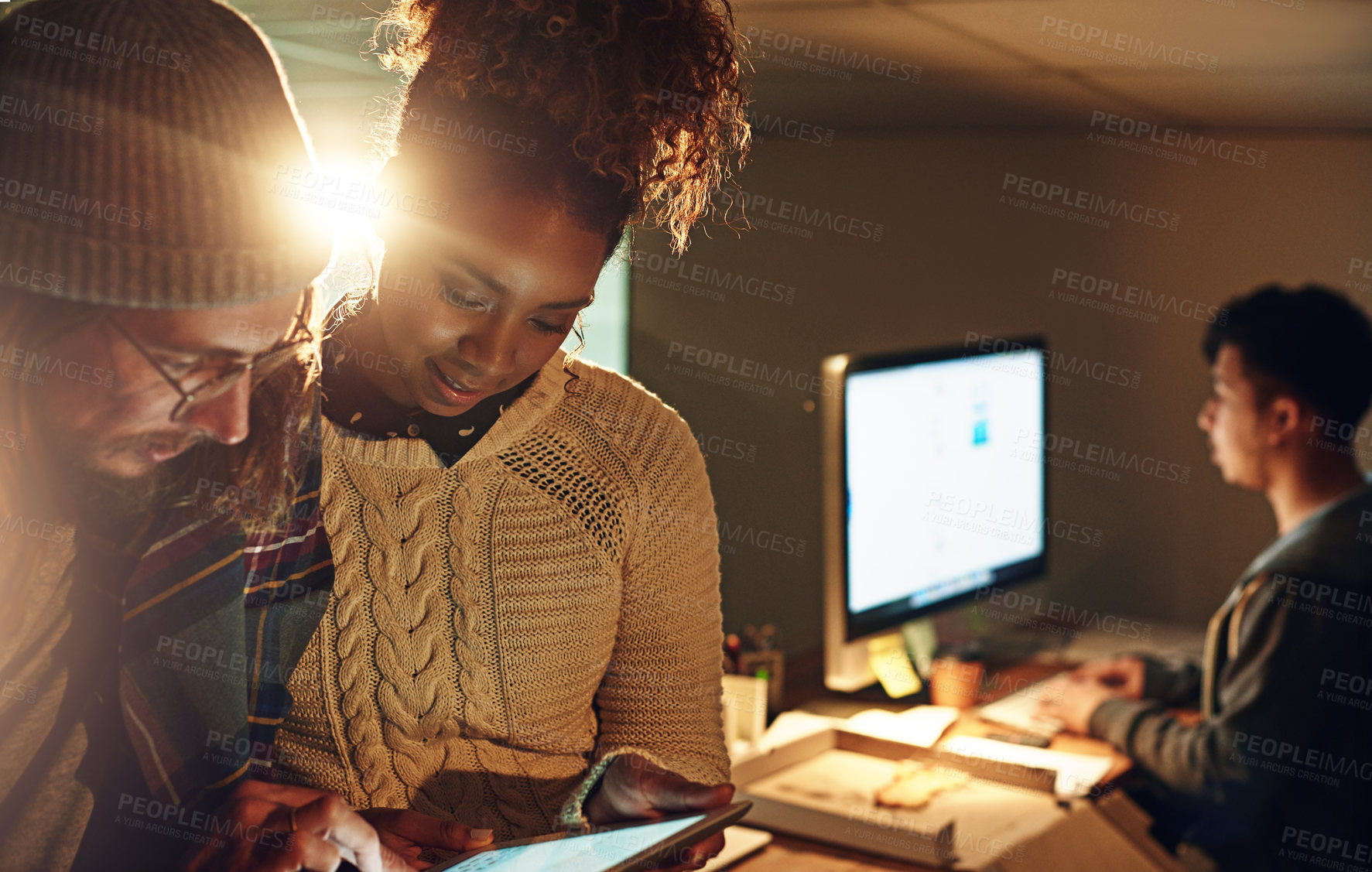 Buy stock photo Research, tablet and teamwork with people in office at night for strategy, website and review. Internet, collaboration and planning with man and woman in digital agency for proposal, project and idea