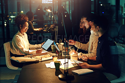 Buy stock photo Business people, planning and working at night for project deadline, strategy or corporate data at office. Group of employee workers busy on overtime or late evening together for company statistics