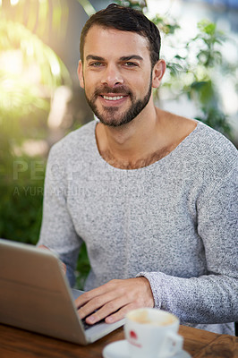 Buy stock photo Man, laptop and portrait in cafe for remote work, typing email and internet connection for communication. Male person, smile and online job in restaurant for copywriting and seo research in Brazil