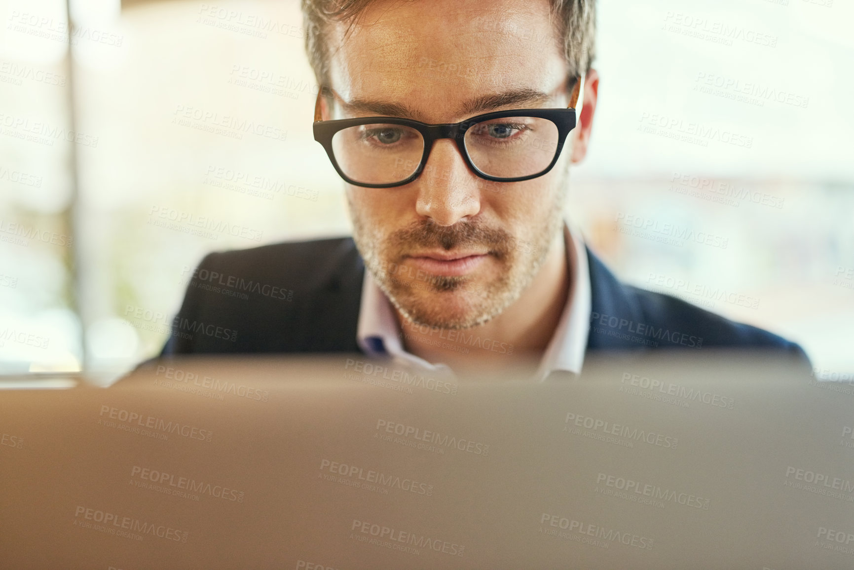 Buy stock photo Businessman, laptop and glasses for planning, research and email in coffee shop for trading. Corporate male person, remote work and technology for stock market, entrepreneur and online for reading 