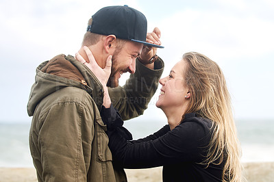 Buy stock photo Beach, date and couple with love on holiday in Florida, summer and travel to sea or ocean on vacation. People, smile and woman care for man with kindness, respect and bonding in marriage mockup