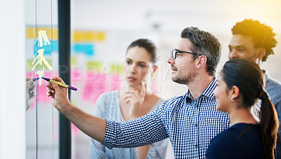 Buy stock photo Leadership, brainstorming and creative startup business meeting for an idea in collaboration together at glass window. Management, teamwork and group mentor of employees writing vision for planning