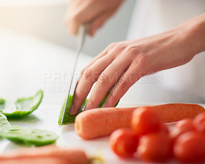 Buy stock photo Cooking, hands and knife for vegetables on counter in kitchen of home for diet, health or nutrition. Chef, food and recipe ingredients with person preparing organic meal for dinner or wellness