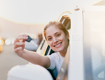 Buy stock photo Happy woman, drive and keys for new car in portrait for travel, transportation and freedom on road. Excited, female person and face with smile for celebration of vehicle purchase, or rental on street