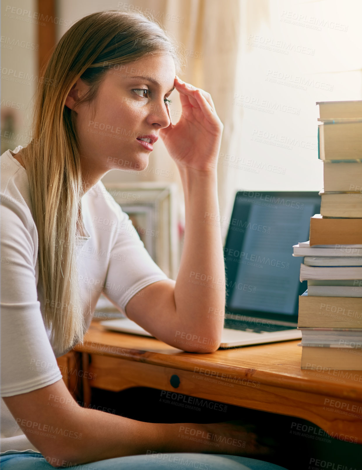 Buy stock photo Student, woman and stressed with books in home, elearning and laptop for education or worried for university. Tired, thinking and notebooks for research, online class and anxious for college