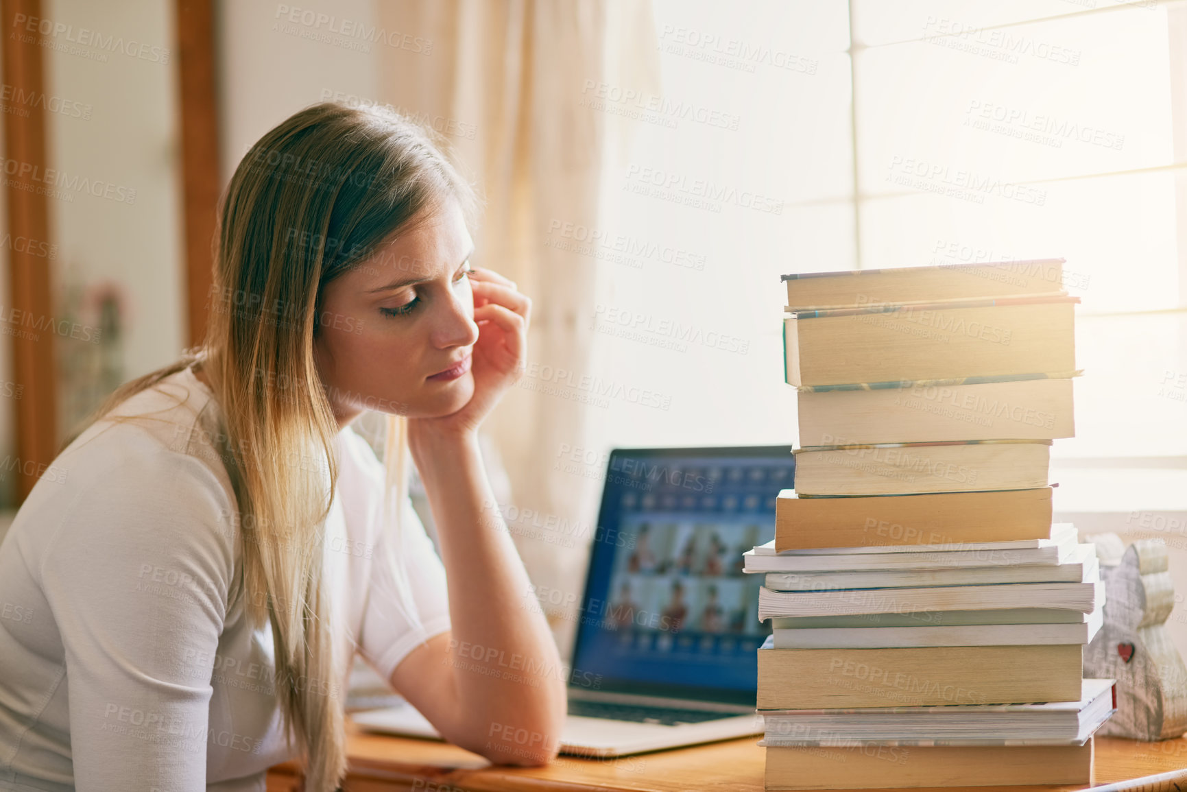 Buy stock photo Student, woman and tired with books in home, elearning and laptop for education or worried for university. Burnout, thinking and notebooks for research, online class and  frustrated for college
