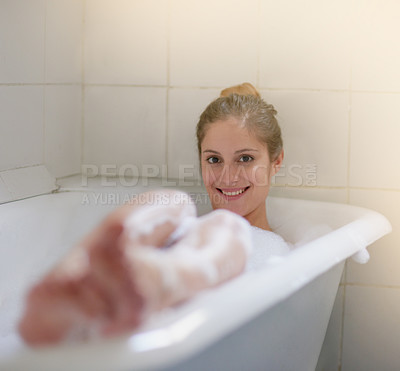 Buy stock photo Portrait of a beautiful young woman relaxing in the bathtub