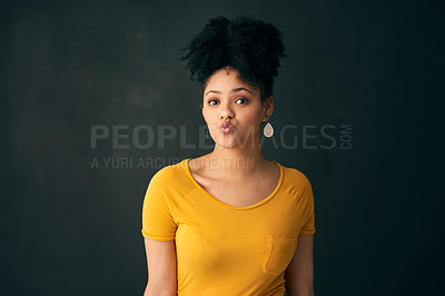 Buy stock photo Confident, portrait and black girl with pout, studio and Gen z in tshirt, beauty and funny with look, goofy and crazy. University student, scholarship and proud to study in England for education
