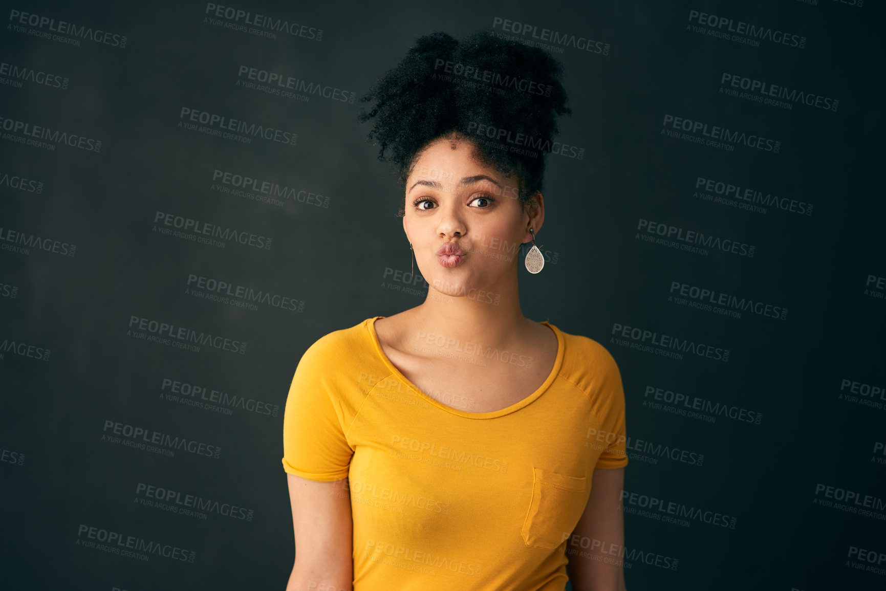 Buy stock photo Confident, portrait and black girl with pout, studio and Gen z in tshirt, beauty and funny with look, goofy and crazy. University student, scholarship and proud to study in England for education