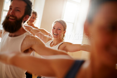 Buy stock photo Cropped shot of a group of people attending a yoga class
