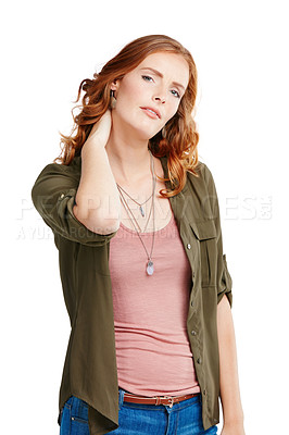 Buy stock photo Studio shot of a young woman experiencing neck pain against a white background