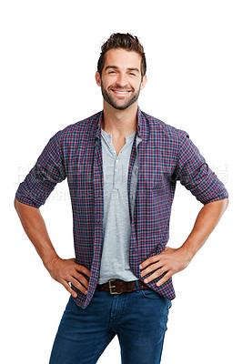 Buy stock photo Studio shot of a young man posing against a white background