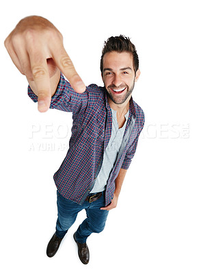 Buy stock photo Studio shot of a young man showing the peace sign against a white background