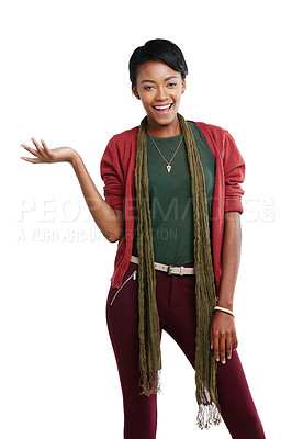 Buy stock photo Black woman, studio portrait and marketing with palm, hand and smile for product placement by white background. Young african model, isolated woman and happy for advertising, fashion and clothes