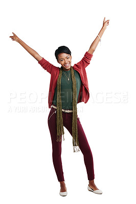 Buy stock photo Black woman, smile in portrait with hands in air for celebration, winner and success isolated on white background. Happy woman, freedom and motivation with achievement, bonus or win with happiness