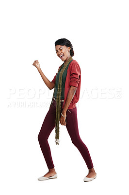 Buy stock photo Success, black woman and celebration for achievement, happiness and girl isolated on white studio background. African American female, lay and movement for motivation, winner and victory on backdrop