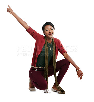 Buy stock photo Trendy, cool and portrait of a black woman with a dance isolated on white background in a studio. Fashion, stylish and dancing African girl with freedom, smile and celebration on a studio background