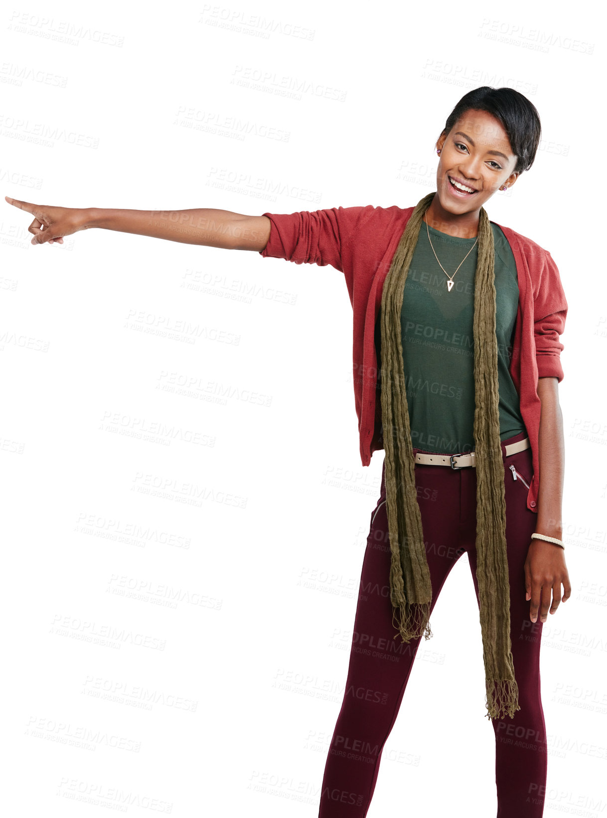 Buy stock photo Black woman, portrait and pointing at promotion mockup, isolated marketing space or advertising mock up. Smile, happy model and showing hands gesture for cool fashion sales on white background mockup