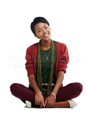 Buy stock photo Black woman, portrait or sitting on isolated white background in trendy, cool or stylish clothes. Smile, happy or fashion model on floor, mock up backdrop or mockup studio for designer clothing brand