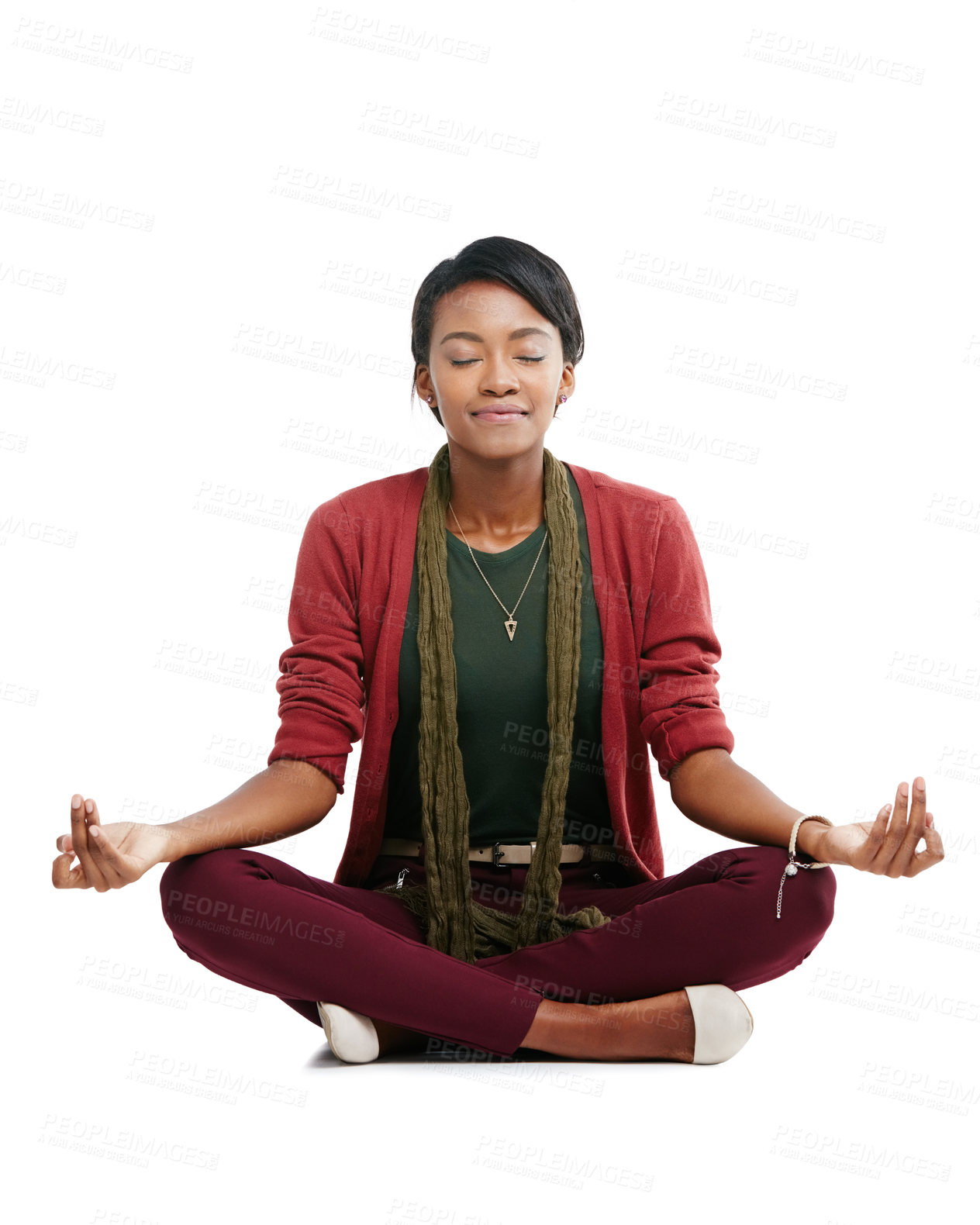 Buy stock photo Black woman, sitting and hands in meditation, zen mindset training and mental health wellness on isolated white background. Happy, model and yogi and peace, calm and relax mudra on floor chakra yoga