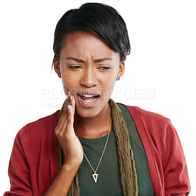 Buy stock photo Dental, toothache and oral hygiene with a black woman touching her mouth in studio isolated on a white background. Dentist, teeth and insurance with a female suffering with pain or tooth decay