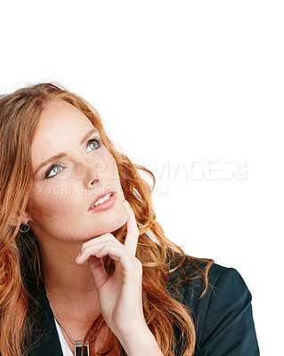 Buy stock photo Thinking, mockup and face with a woman in studio isolated on a white background for marketing or advertising. Idea, mock up and branding with a female on blank space looking at product placement