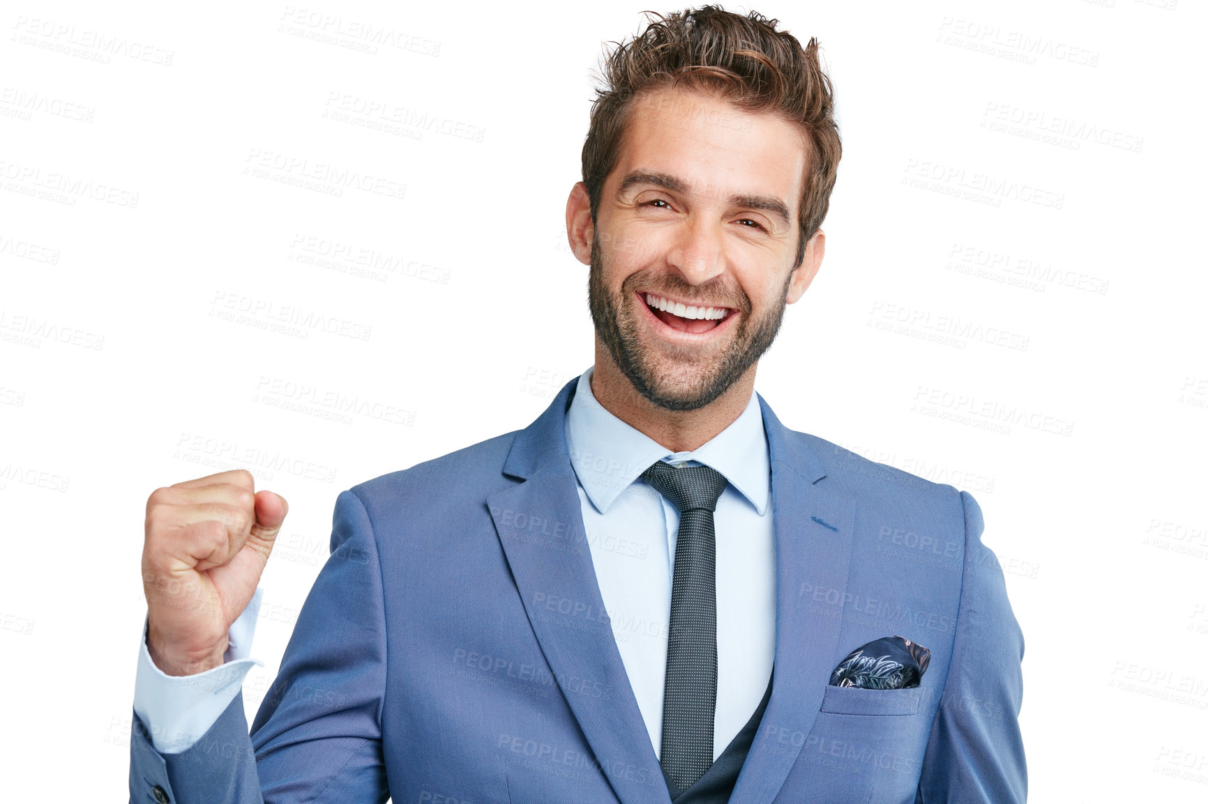 Buy stock photo Studio shot of a happy businessman celebrating success against a white background