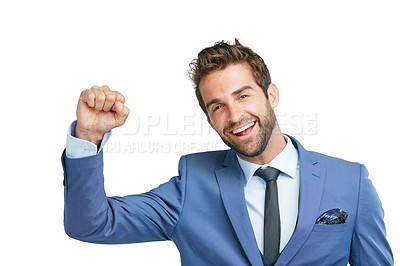 Buy stock photo Studio shot of a happy businessman celebrating success against a white background