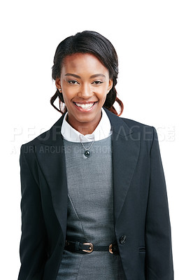 Buy stock photo Portrait, studio and smiling corporate black woman is happy and isolated against a white background. Confident consultant or excited professional entrepreneur, employee or manager in a suit