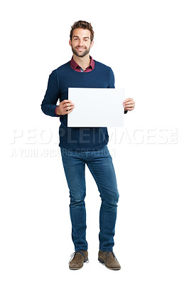 Buy stock photo Blank, announcement and portrait of businessman with a billboard isolated on a white background. Marketing, work and an employee with a mockup space poster advertising a brand on a studio background