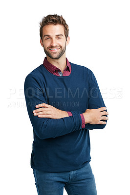 Buy stock photo Happy, handsome and portrait of man with arms crossed isolated on a white background in studio. Fashion, smile and person with arms folded with pride, happiness and confidence on a studio background