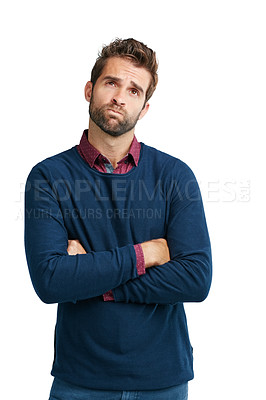 Buy stock photo Sad, question and thinking businessman with choice, option or decision for career problem in studio. Young corporate worker with dilemma and doubt expression on face with isolated white background.