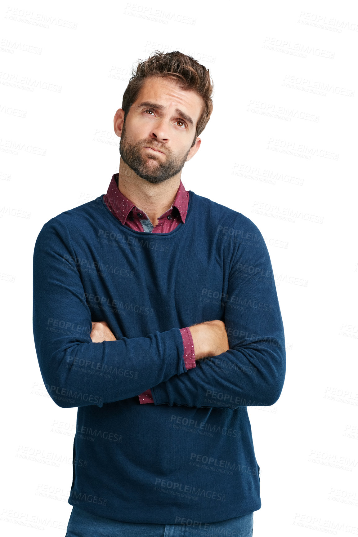 Buy stock photo Sad, question and thinking businessman with choice, option or decision for career problem in studio. Young corporate worker with dilemma and doubt expression on face with isolated white background.