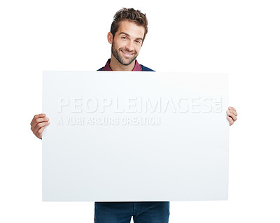 Buy stock photo Portrait, marketing or business man with paper mockup space for product, advertising or branding poster in studio. Model, smile or businessman with banner, billboard news or logo in white background
