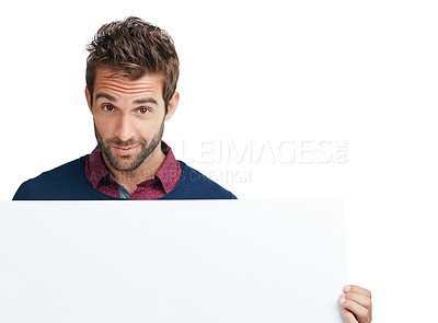 Buy stock photo Portrait, marketing or business man with mockup space board for product, advertising or branding poster in studio. Model, smile or businessman with banner, billboard news or logo in white background
