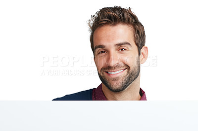 Buy stock photo Man, smile and portrait of a model face with happiness and mock up space for advertisement. White background, isolated and happy male with mockup smiling in a studio feeling positive and attractive