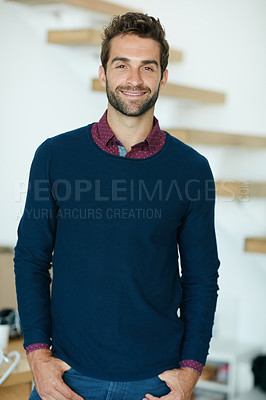 Buy stock photo Portrait of a happy creative businessman standing in his office