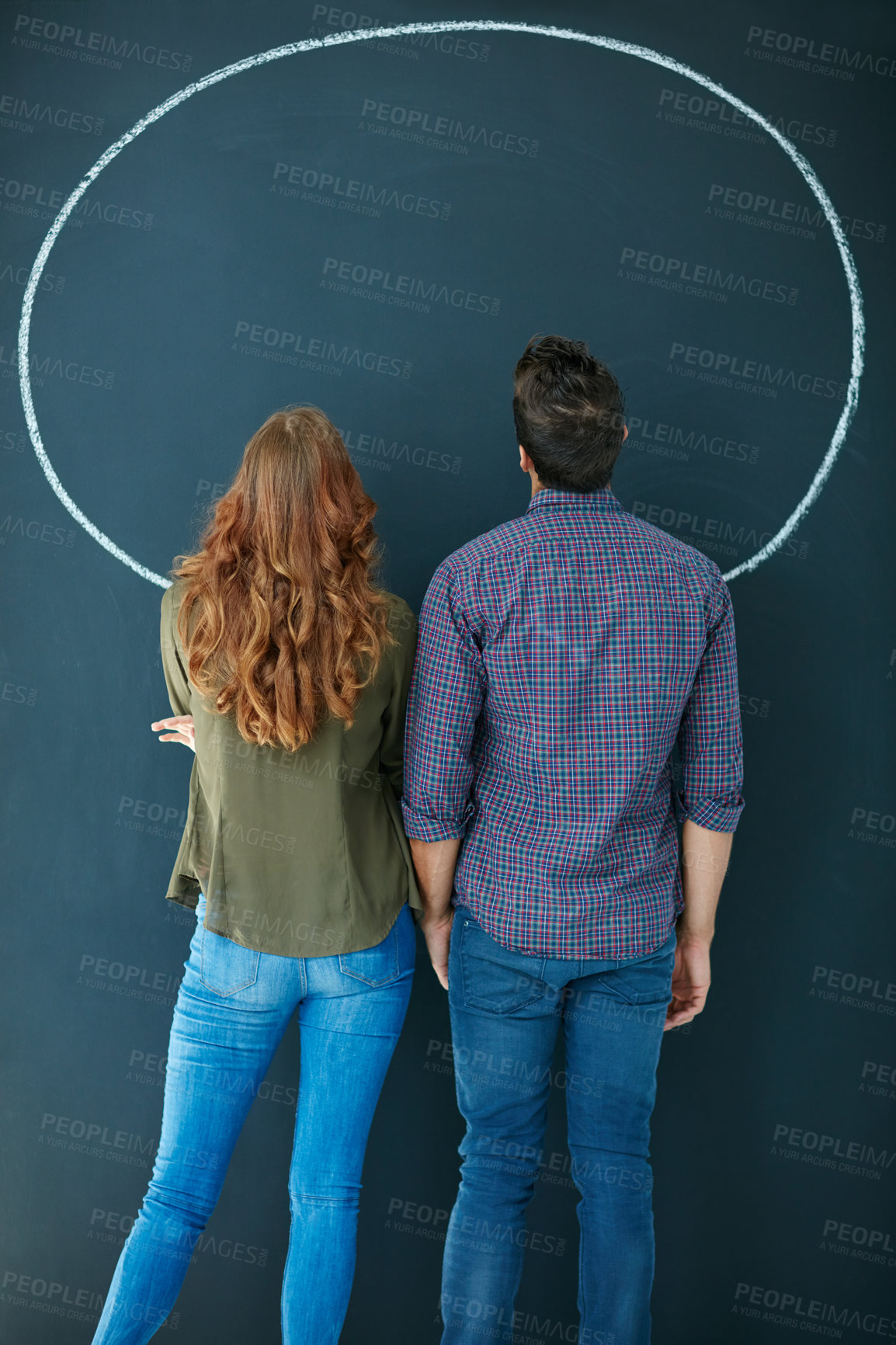 Buy stock photo Couple, back and speech bubble on chalkboard for decision, announcement and mockup space with review. People, partner and opinion with cloud sign, social network or dialogue with icon for feedback