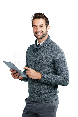 Buy stock photo Search, portrait or business man on tablet for internet research, social media content or networking in white background. Tech or male on touchscreen for social network, blog review or media app