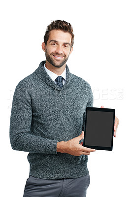 Buy stock photo Smile, portrait or business man on tablet screen for internet research, social media or networking in white background. Tech or person on touchscreen for social network, blog review or media app