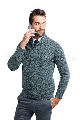 Buy stock photo Corporate, phone call or business man thinking in white background studio for networking, communication or b2b network. Happy or manager on smartphone for planning meeting or strategy on mobile phone