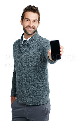 Buy stock photo Portrait, smile or business man with phone screen for marketing mockup, advertising or branding poster in studio. Model, happy or businessman on smartphone for news or logo in white background